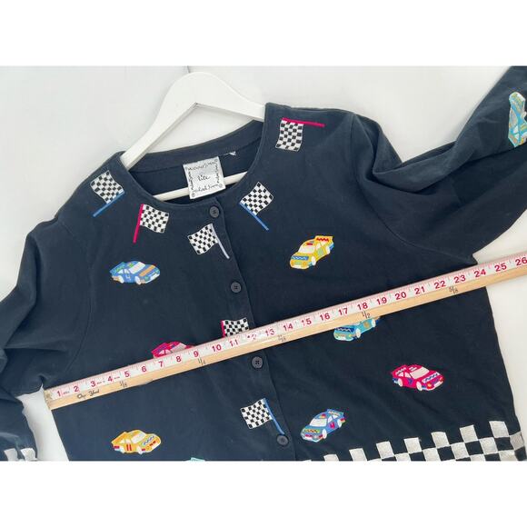 Michael Simon Lite Jacket Womens Medium Black Racecar Racing Flag Cars Buttons - Picture 14 of 16